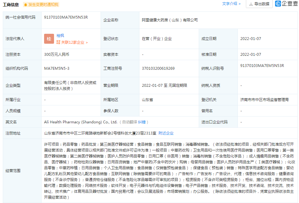 阿里健康大藥房300萬(wàn)濟(jì)南設(shè)新公司，跨界布局廚具衛(wèi)具引關(guān)注